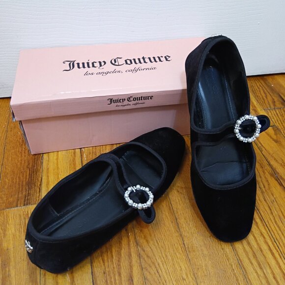 Juicy Couture Black Velvet Flats - Faux Pearl Diamond Silver - Picture 1 of 9